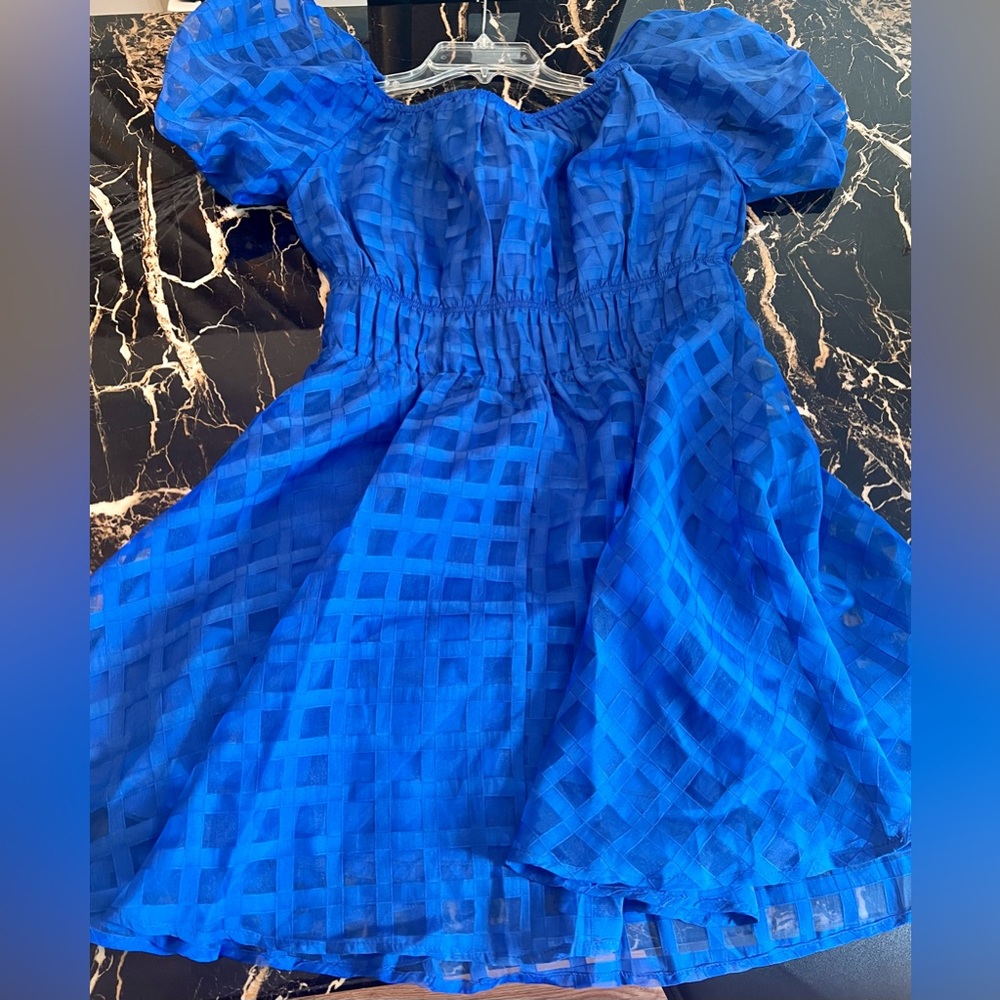 PRETTYGARDEN Royal Blue Plaid Off The Shoulder Baby Doll Dress